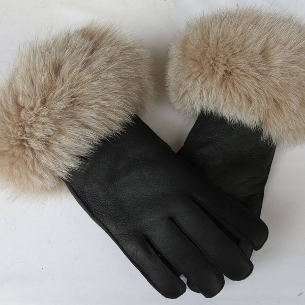 Gants en fourrure de mouton noire avec poignets en fourrure de renard, Gants en fourrure véritable, Gants en fourrure véritable, Gants en peau de mouton