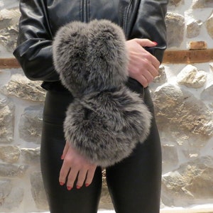 Real Fox Fur Cuffs, Green Snow Up Fox Fur Cuffs, Handmade Fox Fur Cuffs, Fluffy Fox Fur Cuffs