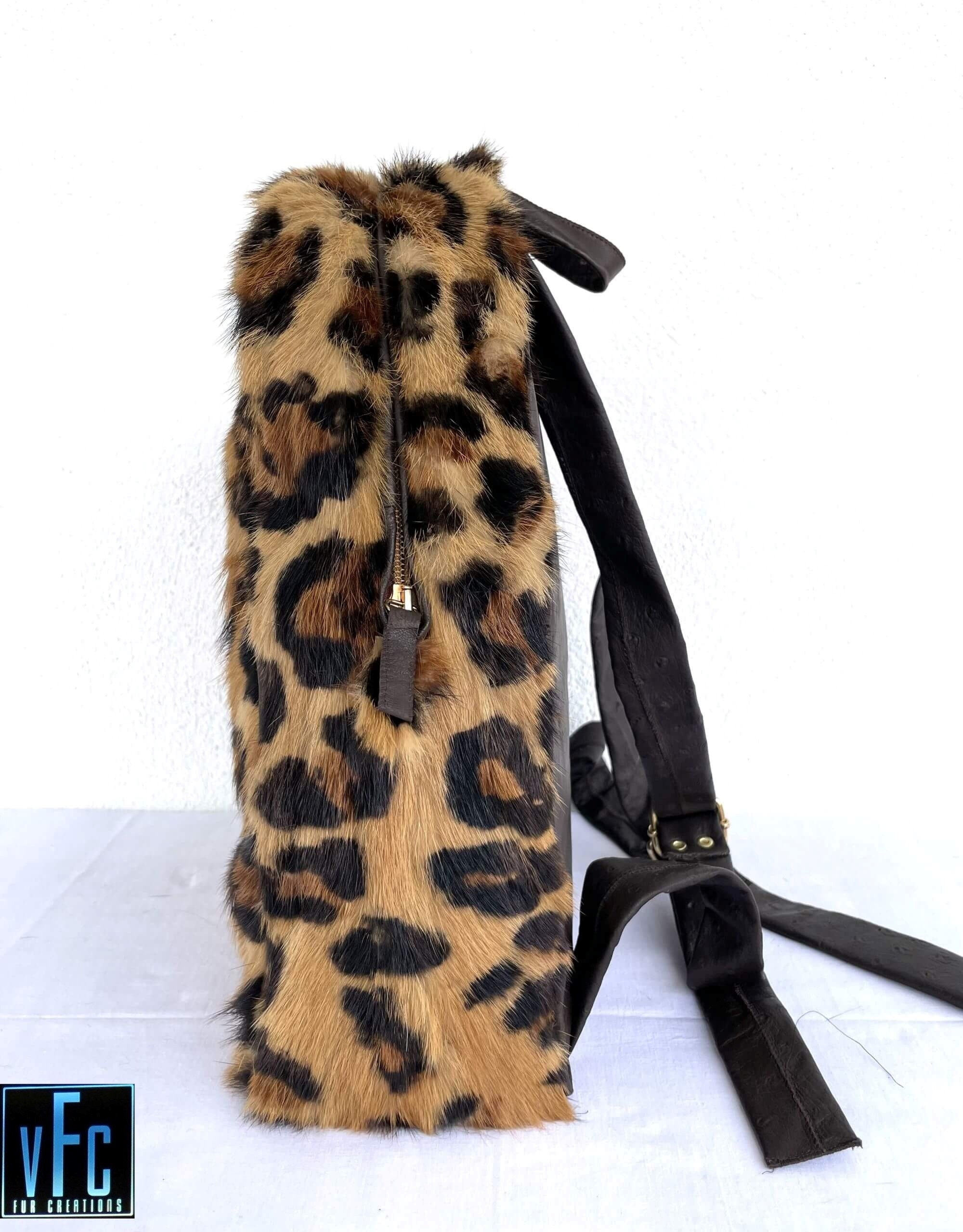 Real Mink Fur Designer Leopard Print Handbag Mini Shell Bag