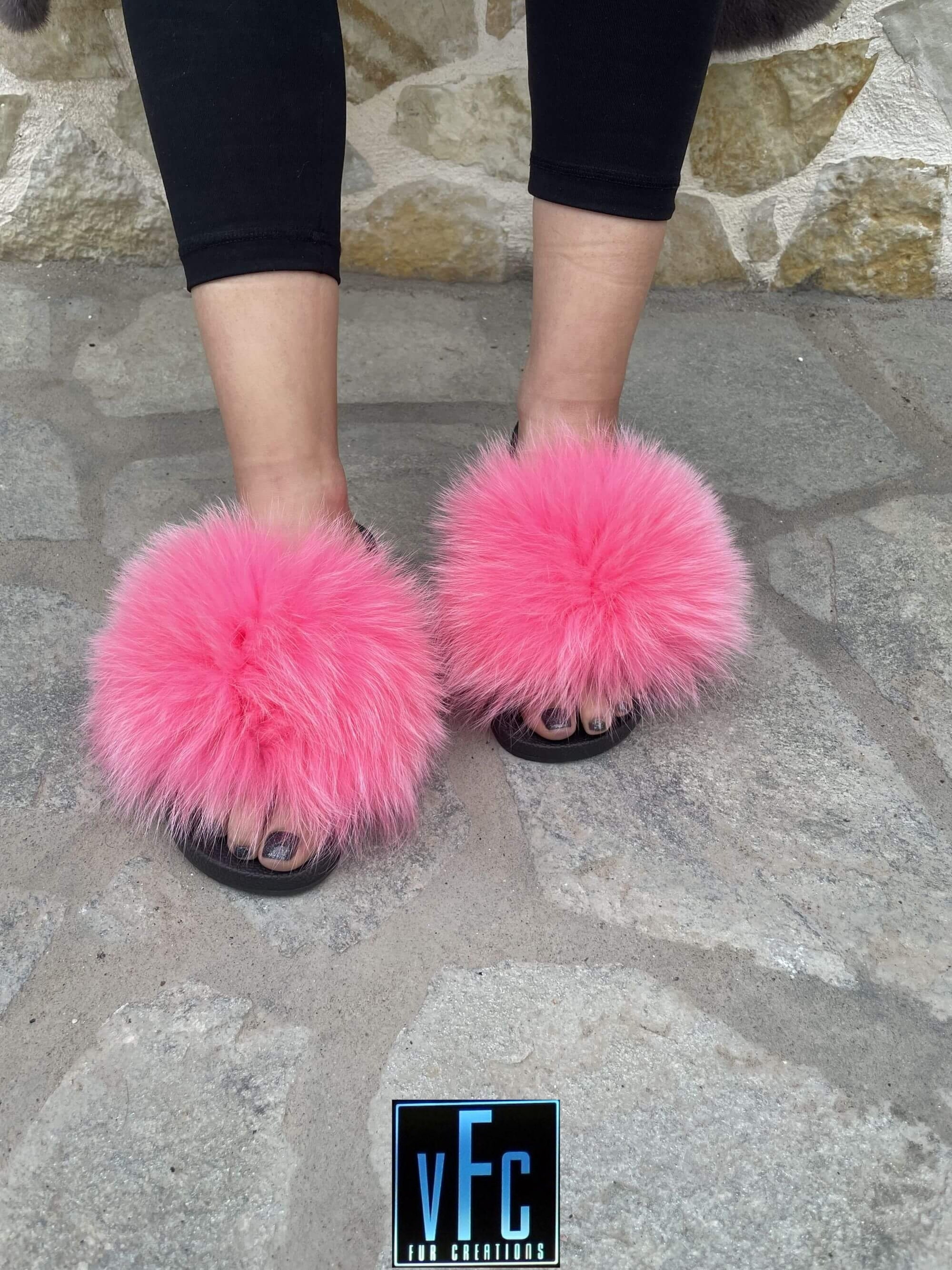 Pink Fox Fur Slides Real Fur Slides Fur Slippers Fluffy -  Israel