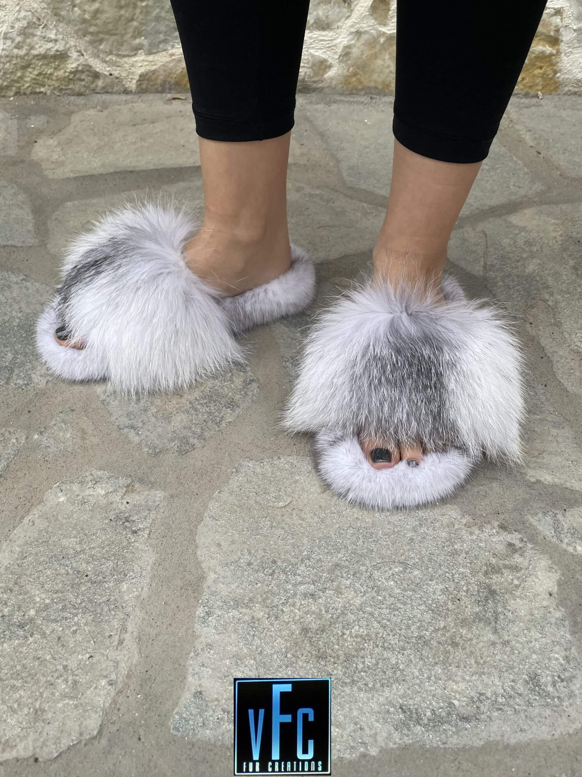 Pink Fox Fur Slides Real Fur Slides Fur Slippers Fluffy -  Israel