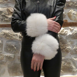 Real Fox Fur Cuffs, White Fox Fur Cuffs, Handmade Fox Fur Cuffs, Fluffy Fox Fur Cuffs
