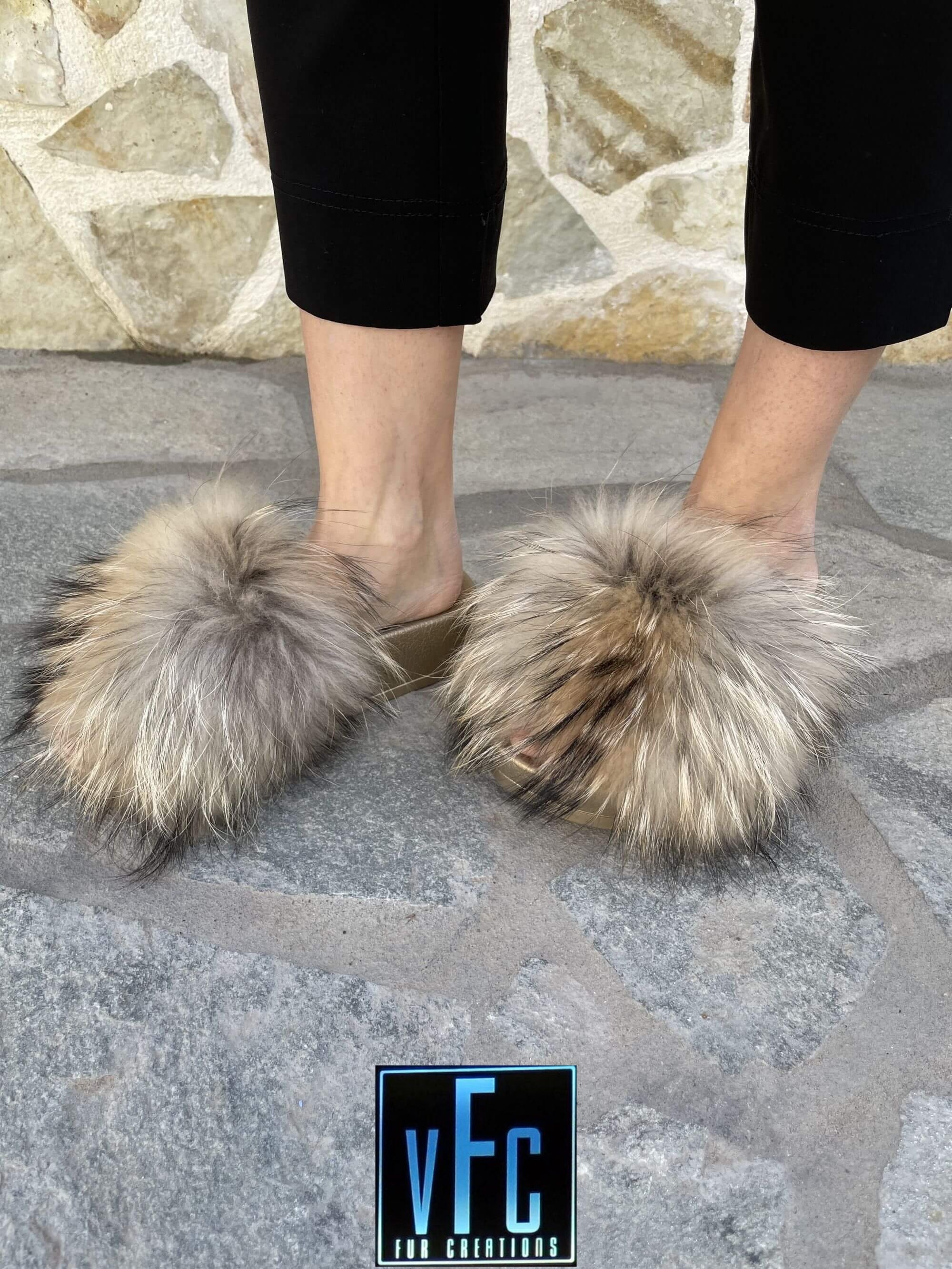 Gold fur slides discount