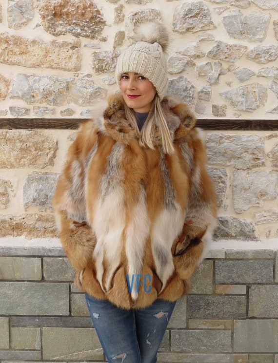 Real Fox Fur Jacket, Gold Fox Fur Jacket With Wood, Fluffy Fur