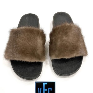 Brown Mink Fur Slides, Real Fur Slides, Fur Slippers, Fluffy Slides, Summer Slippers image 2