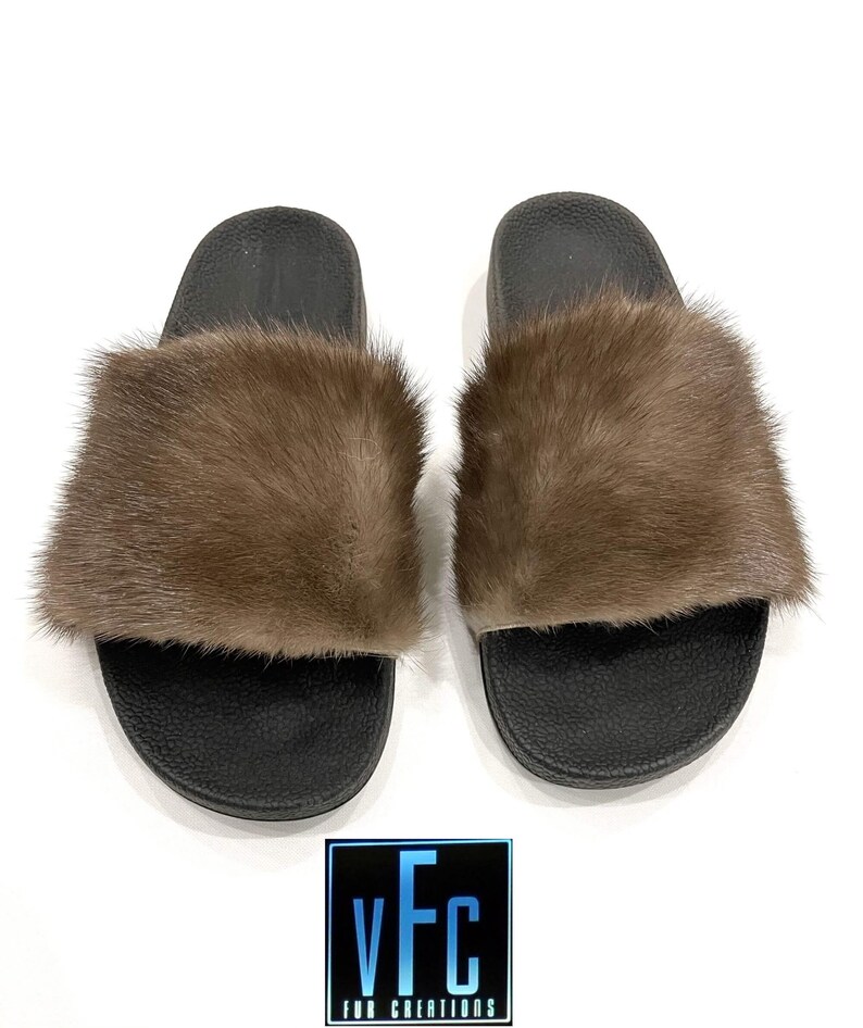 Brown Mink Fur Slides, Real Fur Slides, Fur Slippers, Fluffy Slides, Summer Slippers image 2