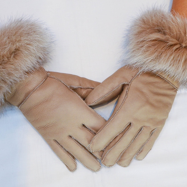 Guantes de piel beige, guantes Mouton reales con puños de piel de zorro, guantes de piel real, guantes de piel de oveja