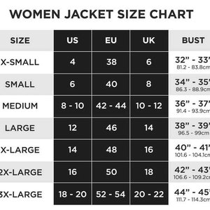 Puede incluir: Tabla de tallas de chaqueta para mujer con tallas US, EU, UK y medidas de busto correspondientes en pulgadas y cent&iacute;metros.