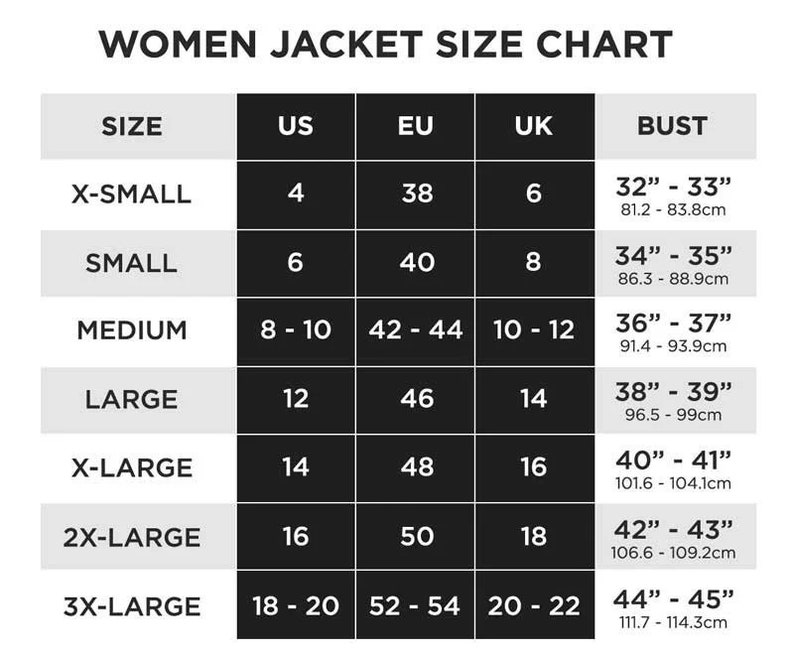 Puede incluir: Tabla de tallas de chaqueta para mujer con tallas US, EU, UK y medidas de busto correspondientes en pulgadas y cent&iacute;metros.