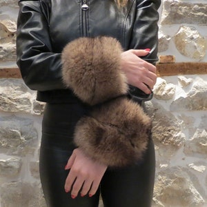 Real Fox Fur Cuffs, Camel With Black Fox Fur Cuffs, Handmade Fox Fur Cuffs, Fluffy Fox Fur Cuffs