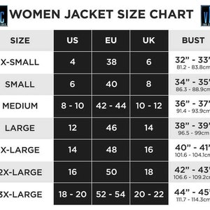 Peut inclure: Un tableau des tailles pour vestes pour femmes avec des mesures en tailles US, EU, UK et des mesures de poitrine en pouces et en centim&egrave;tres.