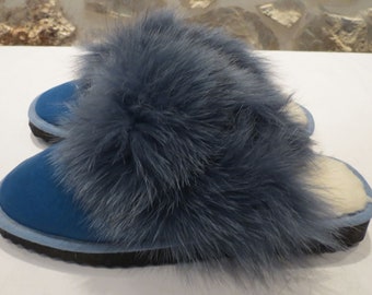 Blue Sheepskin With Fox Fur Slippers, Fur Slippers, Fluffy Slippers, Winter Slippers