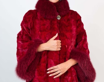 Cape en vison roux avec renard roux, Cape en fourrure de vison véritable, manteau en fourrure véritable
