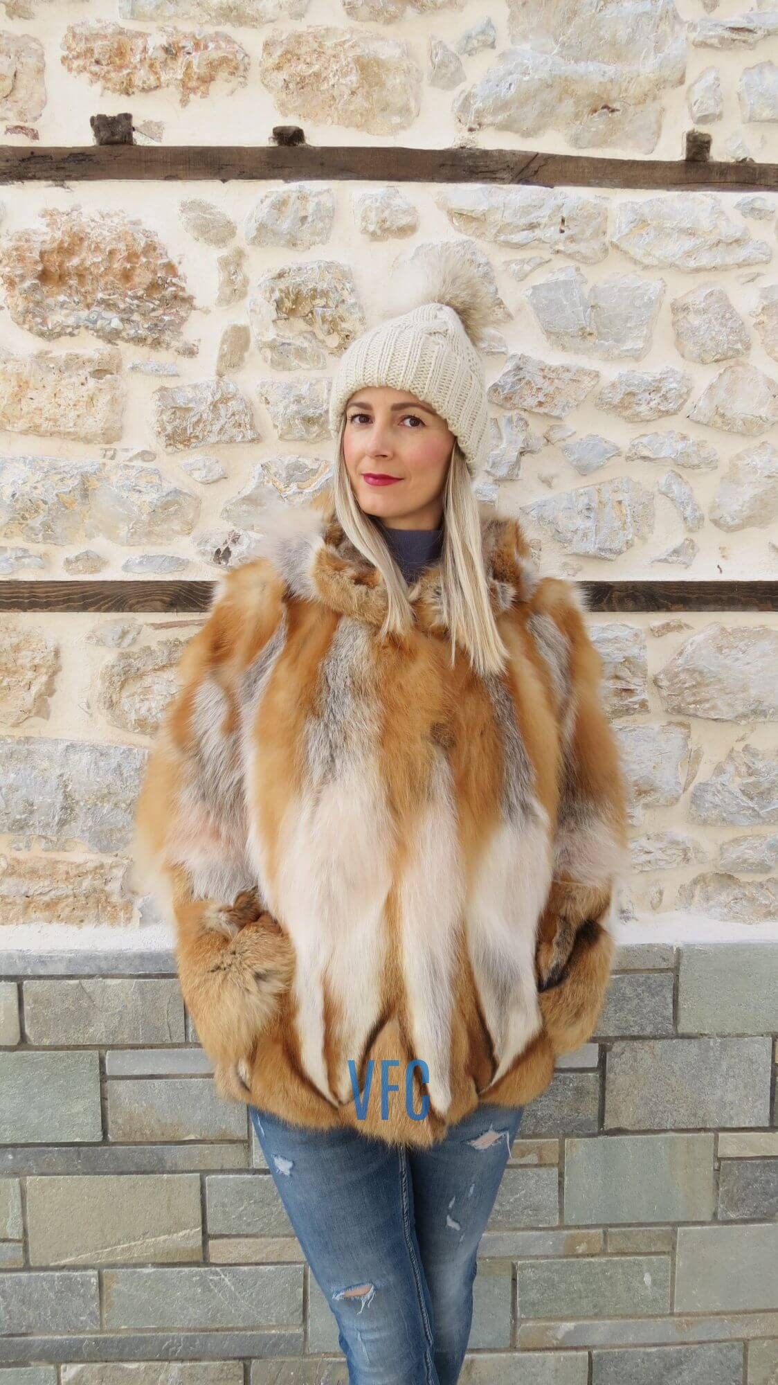 Real Fox Fur Jacket, Gold Fox Fur Jacket With Wood, Fluffy