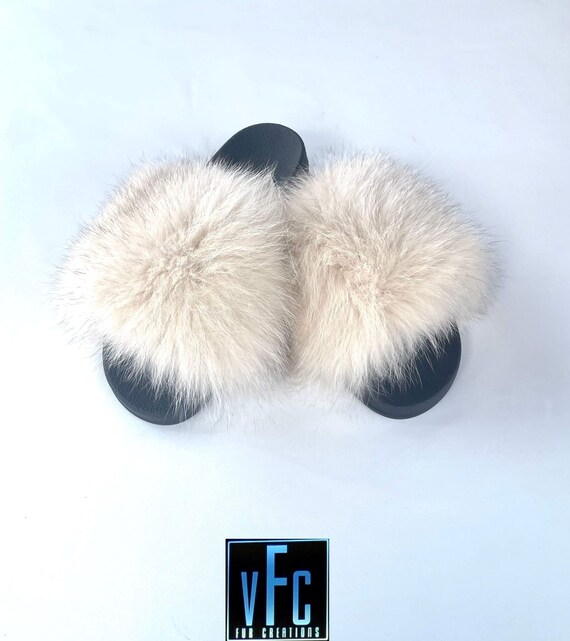 Buy Cream Fox Fur Slides Real Fur Slippers Real Fur Slides
