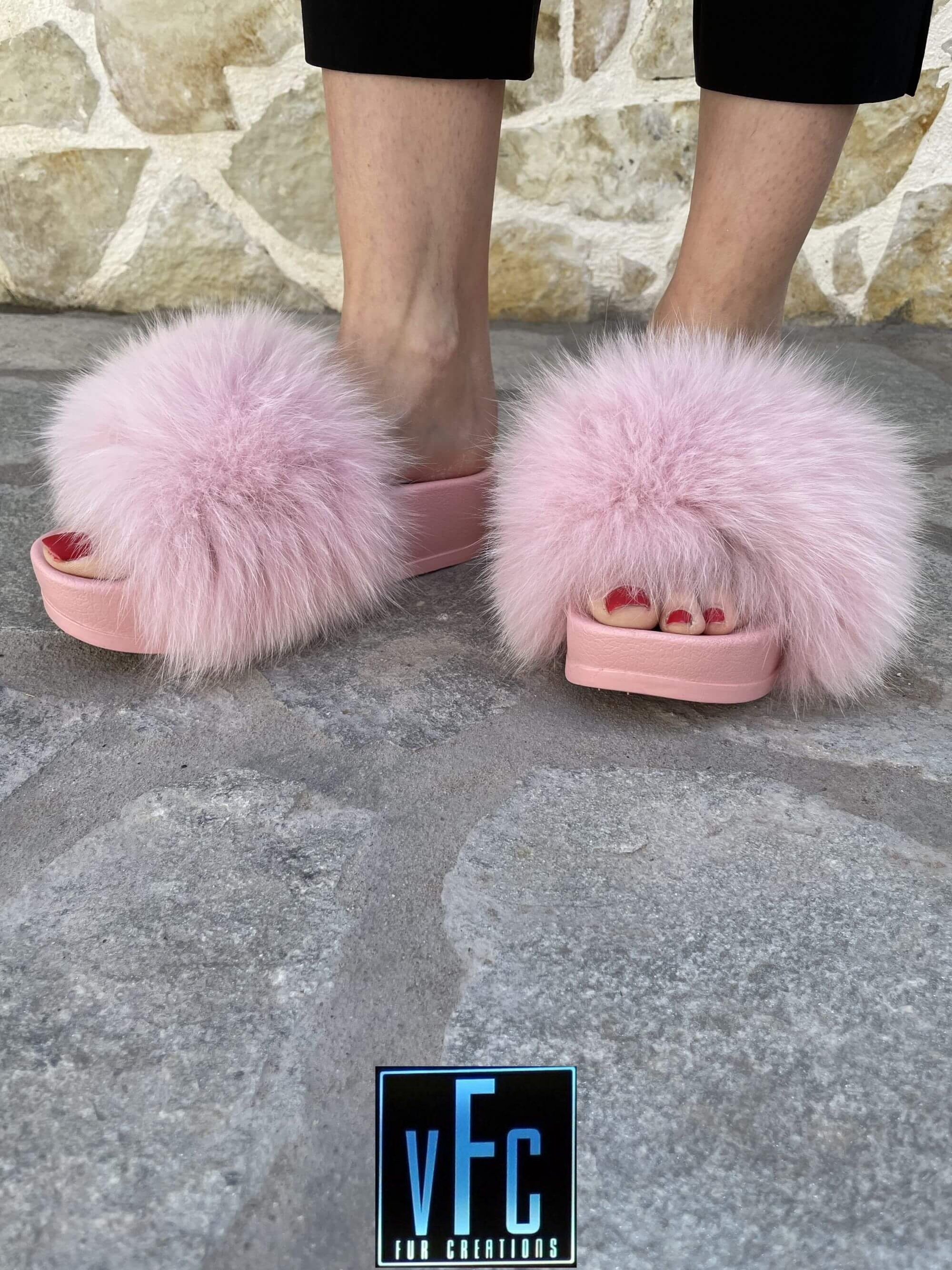 Pink Fox Fur Slides Real Fur Slides Fur Slippers Fluffy 