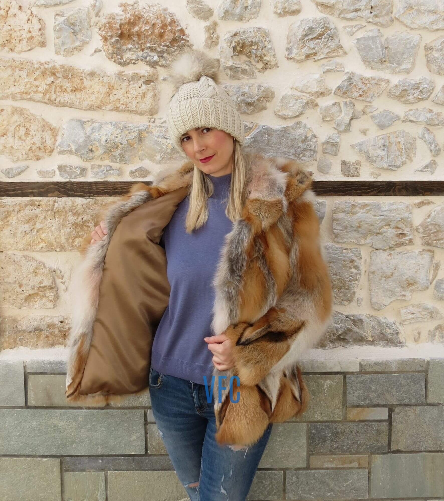 Real Fox Fur Jacket, Gold Fox Fur Jacket With Wood, Fluffy