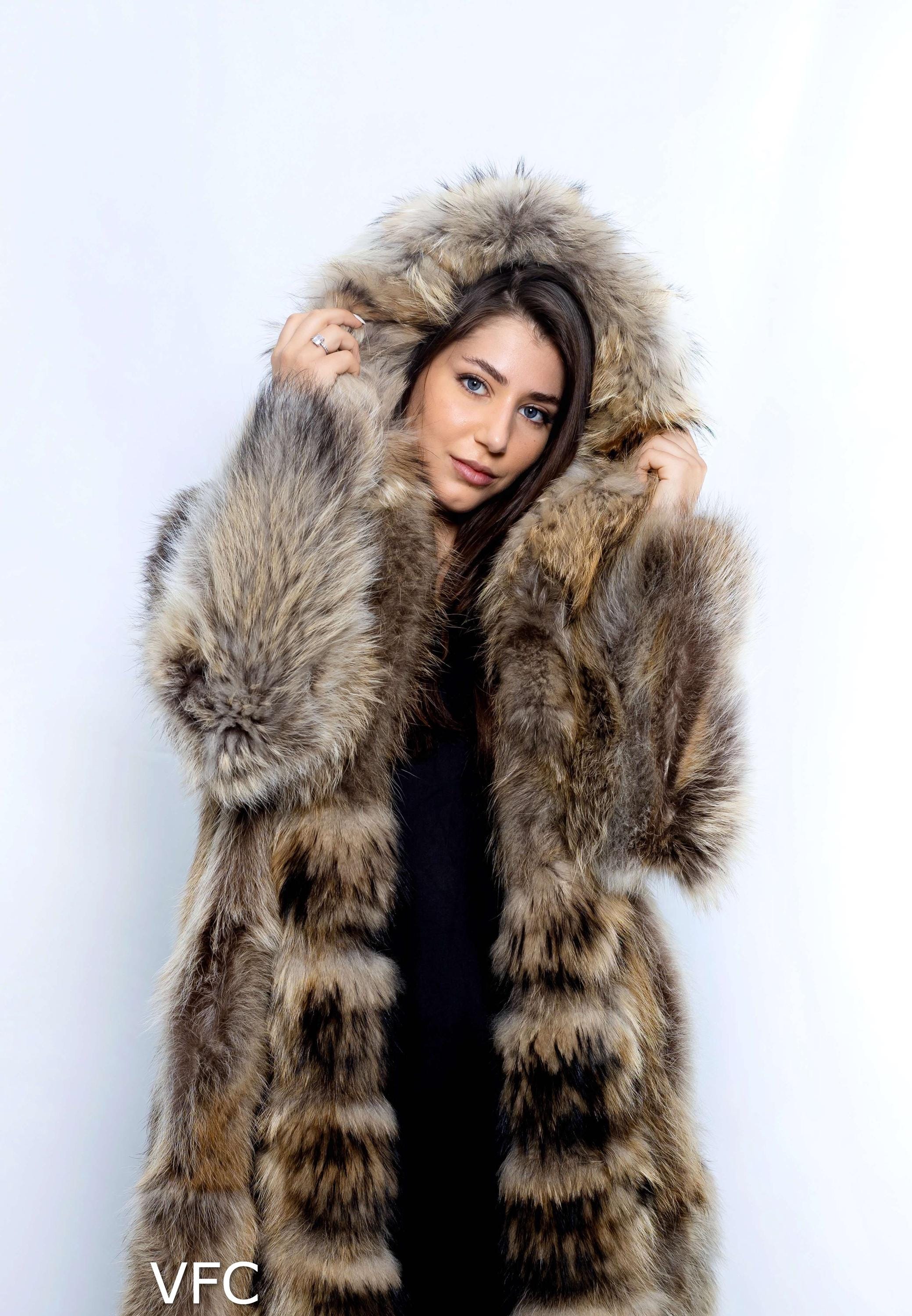 Luxury Long Natural Finn Raccoon Fur Coat, Real Fur Coat, Fluffy