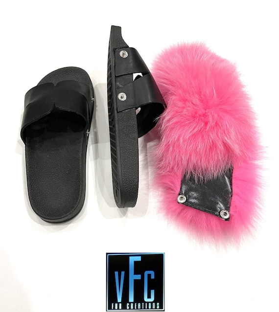 Pink Fox Fur Slides Real Fur Slides Fur Slippers Fluffy -  Israel