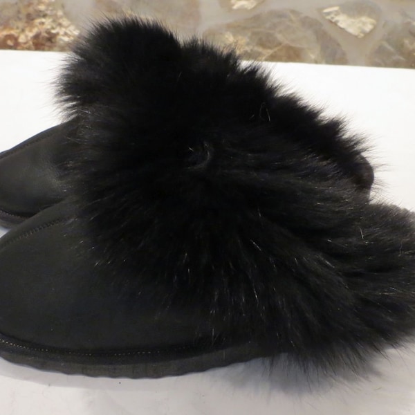 Black Sheepskin With Fox Fur Slippers, Fur Slippers, Fluffy Slippers, Winter Slippers
