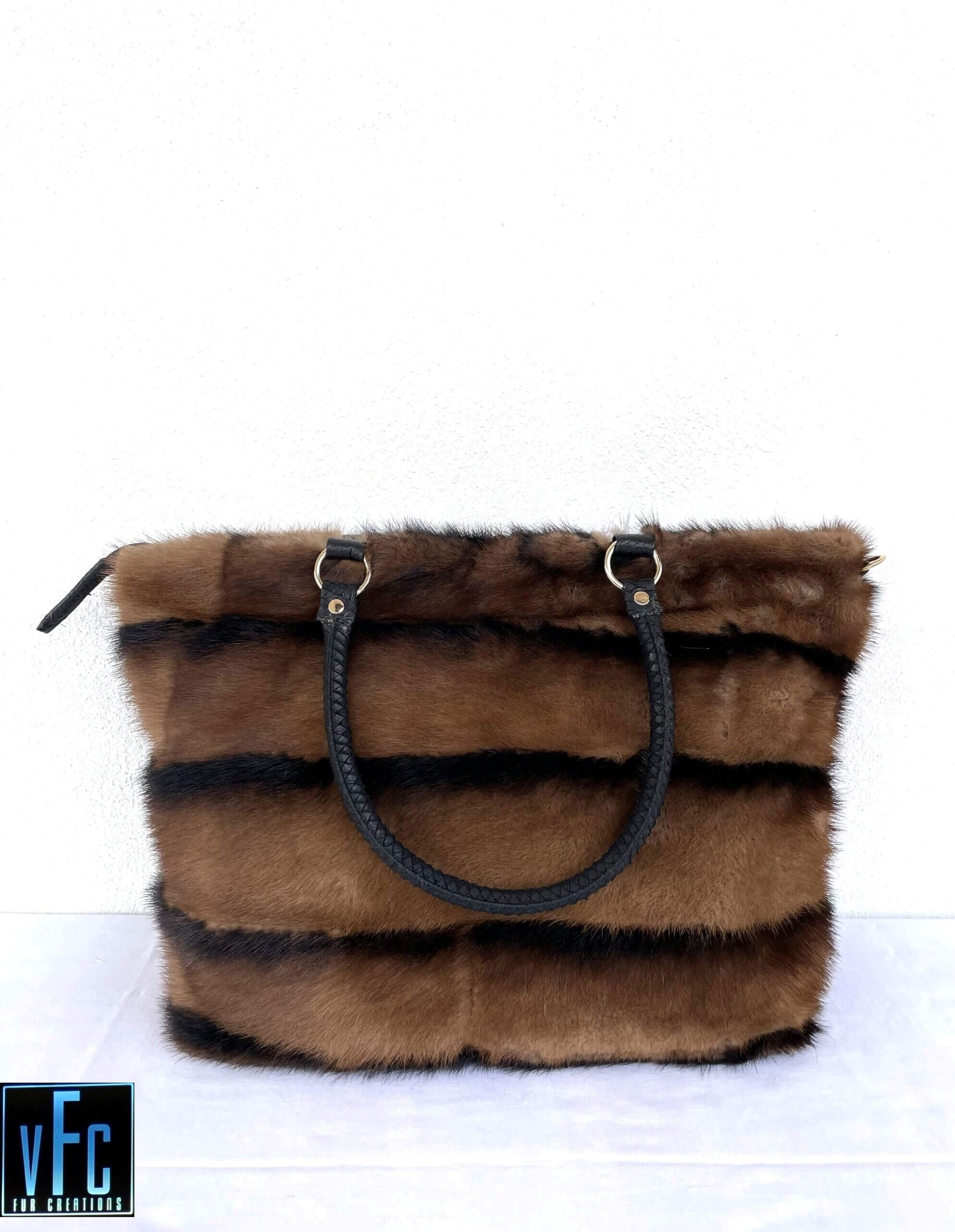 Brown With Black Line Mink Fur Handbag Mink Fur Shoulder Bag 