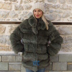 Real Fox Fur Jacket, Green Fox Fur Jacket, Fluffy Fur Jacket, Luxury Fur Jacket