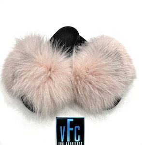 Light Pink Fox Fur Slides, Fur Slippers, Fluffy Slides, Summer Slippers