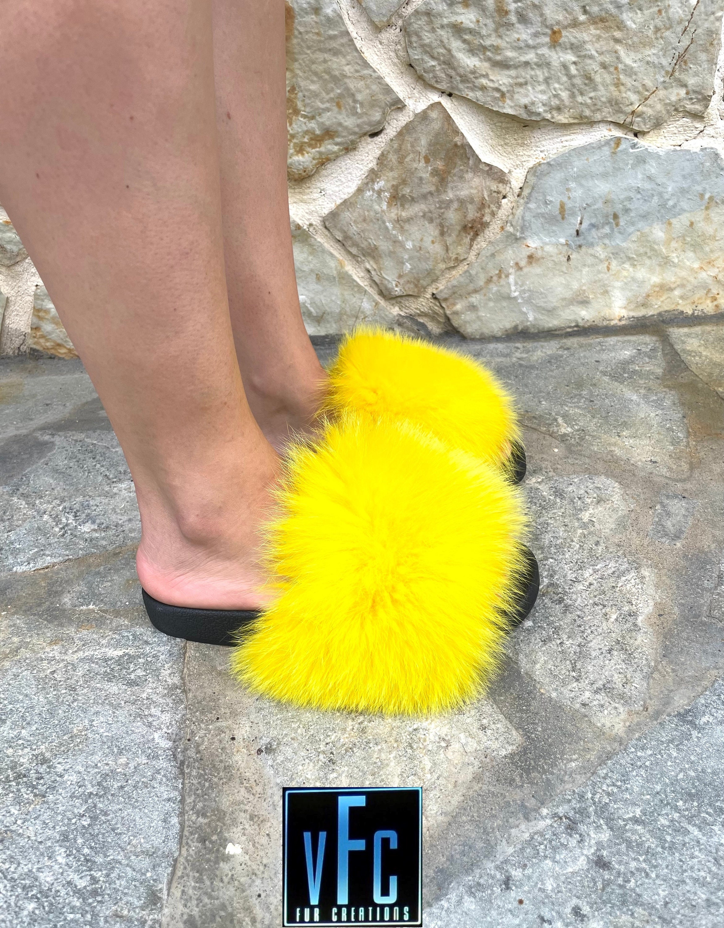 Buy Yellow Fox Fur Slides Real Fur Slippers Real Fur Slides