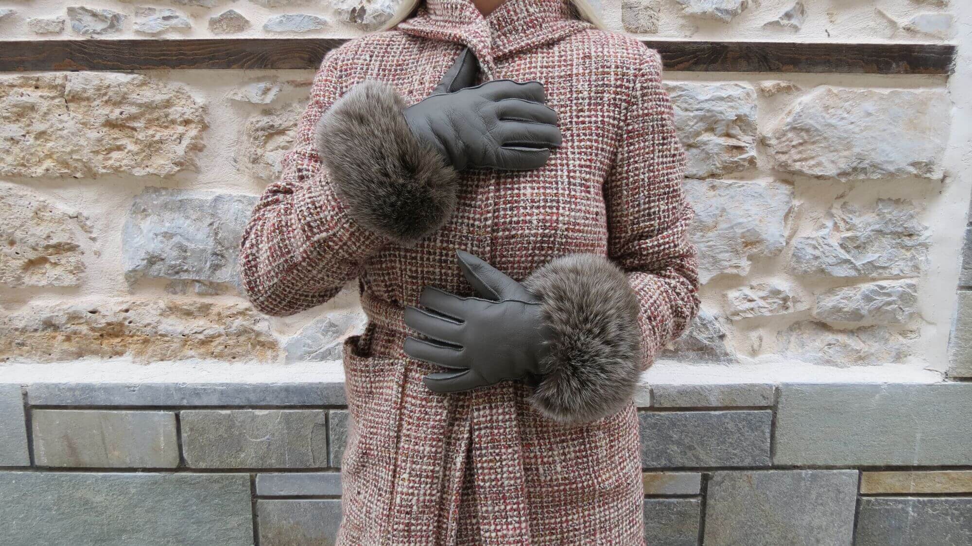 Seal Gray Mouton Fur Gloves With Fox Fur Cuffs, Real Mouton