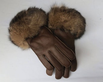 Gants en fourrure de mouton marron avec poignets en fourrure de renard, Gants en fourrure véritable, Gants en fourrure véritable, Gants en peau de mouton