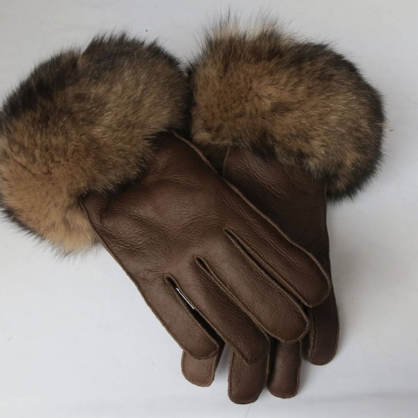 Brown Mouton Fur Gloves With Fox Fur Cuffs, Real Mouton Gloves, Real Fur Gloves, Sheepskin Gloves