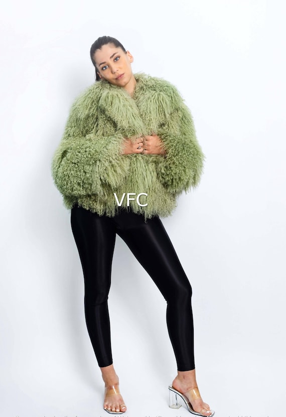 Hippie Green Tibetan Mongolian Lamp Fur Coat, Real Fox Fur Coat, Fluffy Fur Coat, Luxury Fur Coat