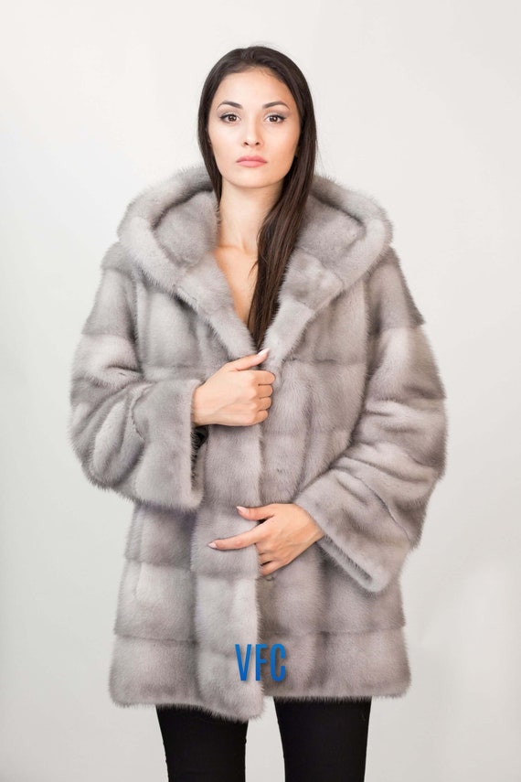 Light Grey Sapphire Full Skin Mink Fur Coat With Hood Real -  Sweden