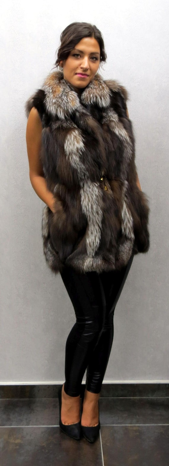 Real Fox Fur Vest, Real Fur Gilet, Crystal Fox Fur Vest, Fluffy