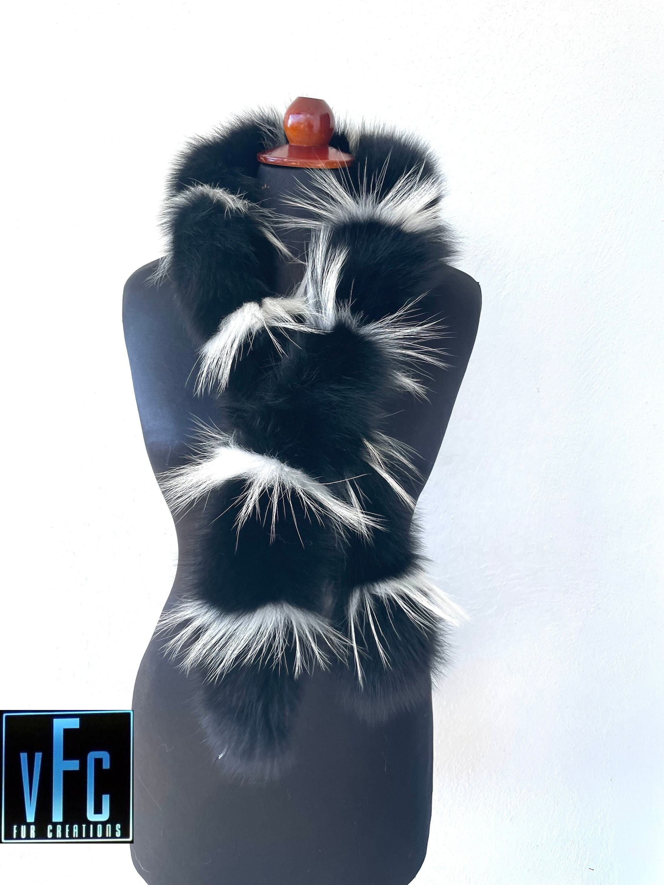 Real Fox Black and White Fur Scarf, Real Fur Scarf, Handmade Scarf