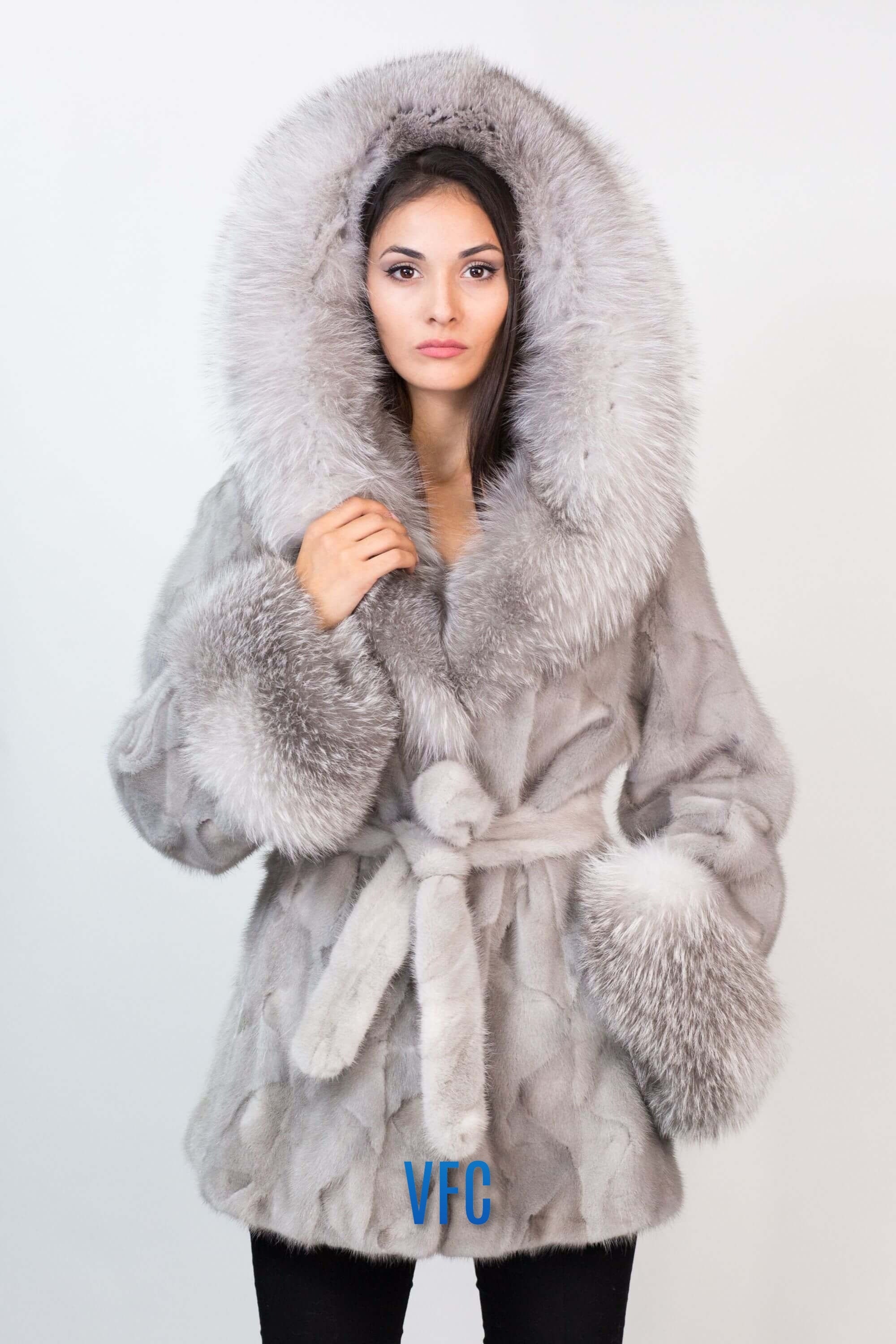Gray Mink Coat With Silver Light Fox Hood, Real Mink Fur Coat, Real Fur  Coat, Luxury Fur Coat 