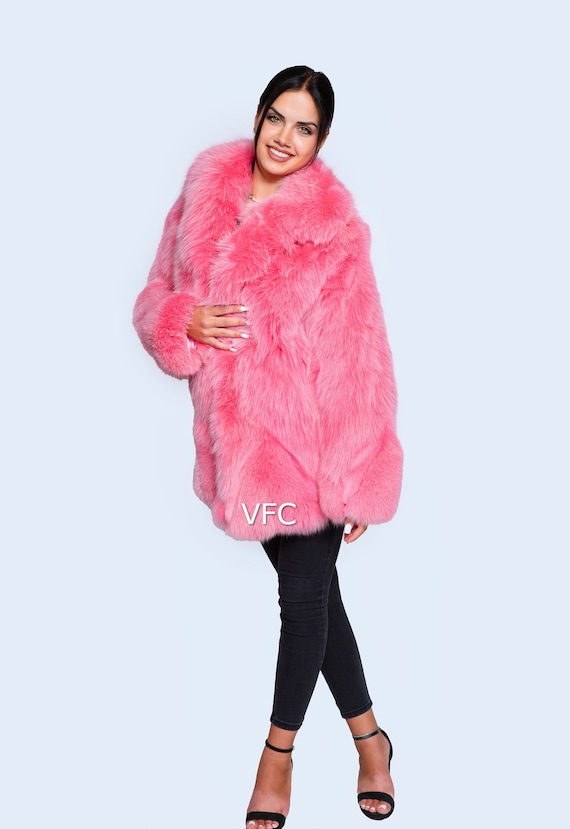 コート PLAIN FW25 FAKE FOX FUR JACKET (JJ25070 PINK) Wonderful Pink Fox Fur Coat, Real Fox Fur Coat, Fluffy Fur