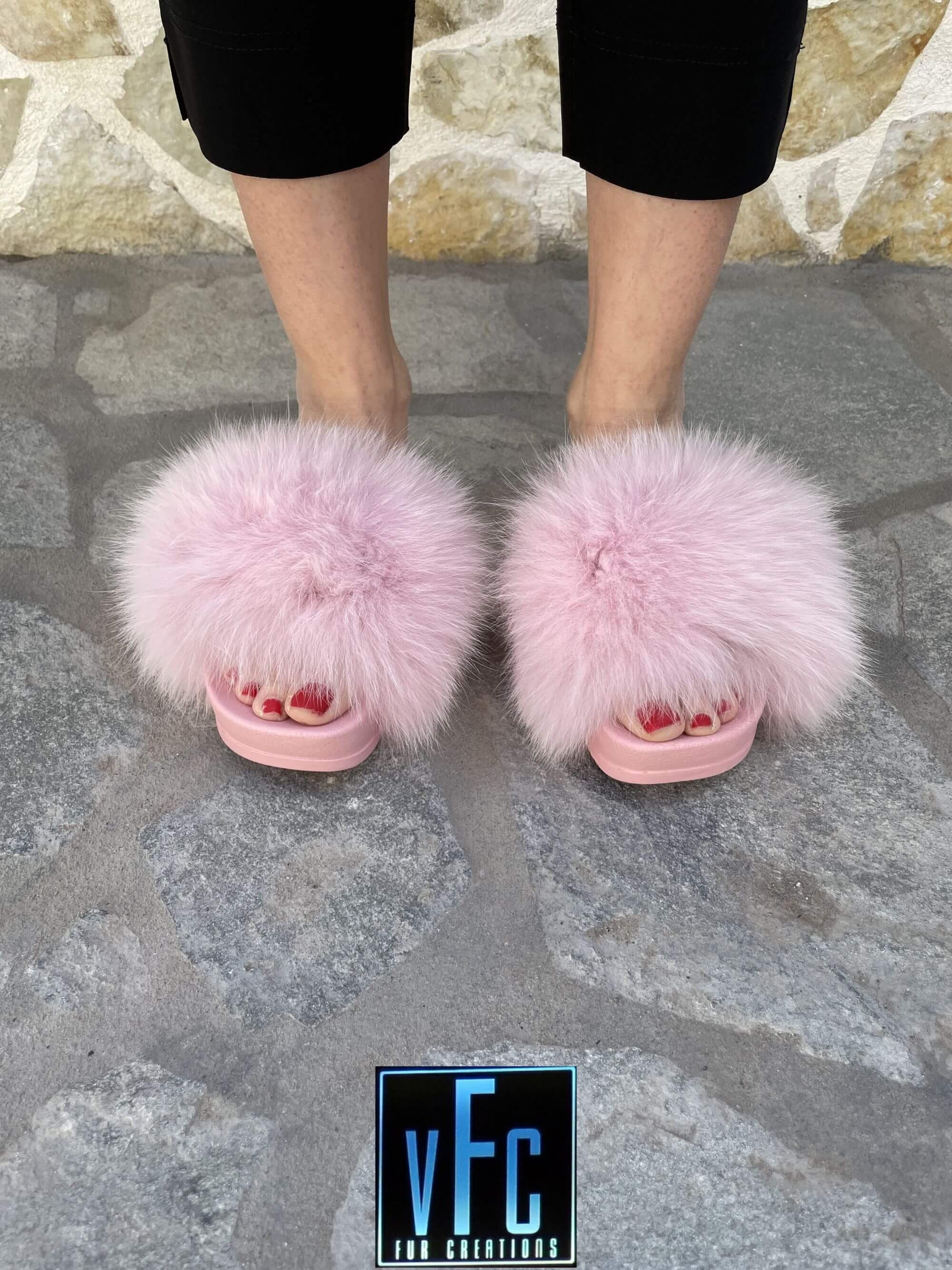 Pink Fox Fur Slides Real Fur Slippers Real Fur Slides -  Sweden