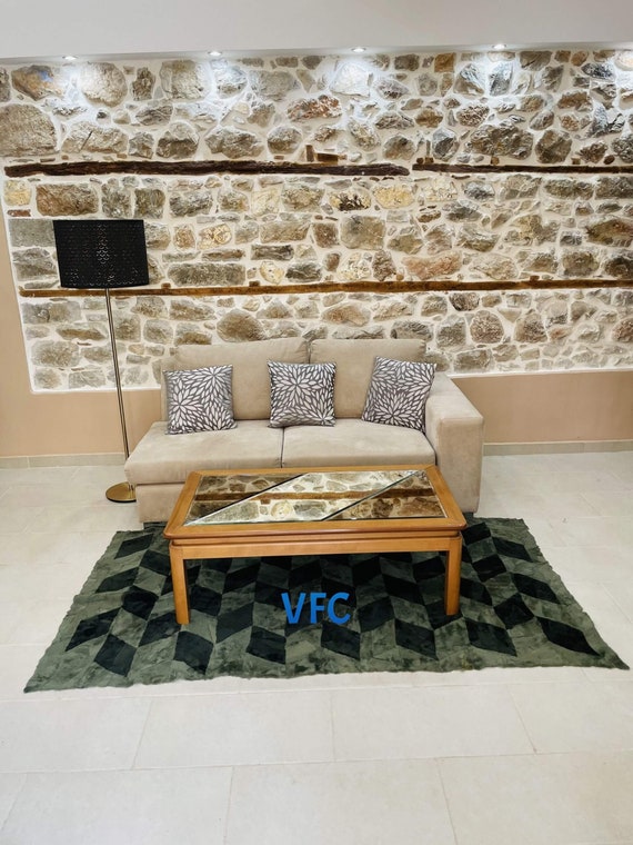 Green Sheepskin Fur Carpet, Handmade Carpet, Luxury Carpet, Real Fur Blanket, Throw Blanket, Real Sheepskin Fur Blanket