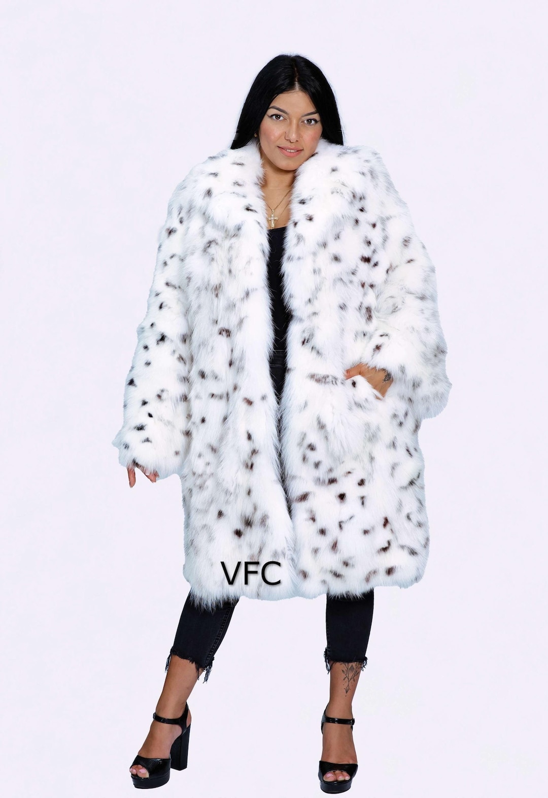 Wonderful White With Black Dots Fox Fur Coat, Real Fox Fur
