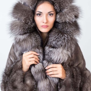 Silver Blue Mink Coat With Blue Frost Fox Fur Hood, Real Mink Fur Coat ...