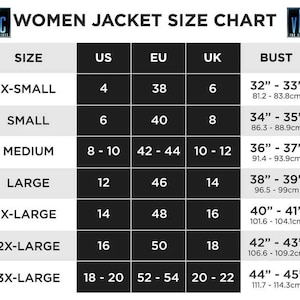 Puede incluir: Una tabla de tallas para chaquetas de mujer con medidas en tallas US, EU, UK y medidas de busto en pulgadas y cent&iacute;metros.