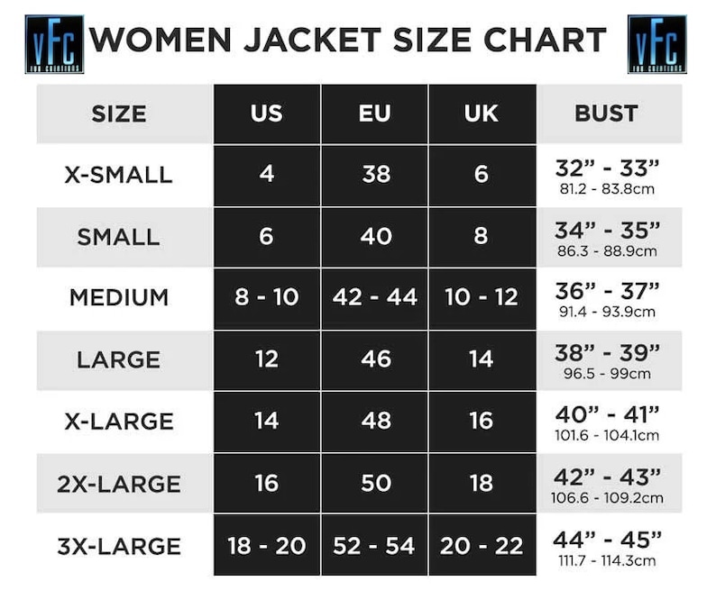 Puede incluir: Una tabla de tallas para chaquetas de mujer con medidas en tallas US, EU, UK y medidas de busto en pulgadas y cent&iacute;metros.