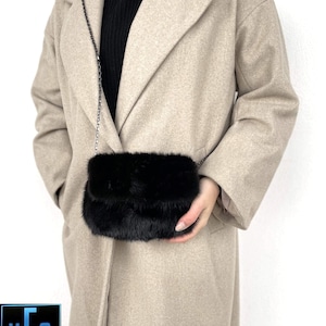 Bolso de mano pequeño hecho a mano de piel de visón negro, bolso mullido, bolso de mano de piel, bolso de hombro para mujer, bolso de piel auténtica