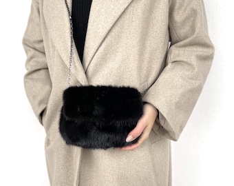 Black Mink Fur Small Handmade clutch bag, Fluffy Bag, Fur Handbag, Women’s shoulder bag,Real Fur Bag
