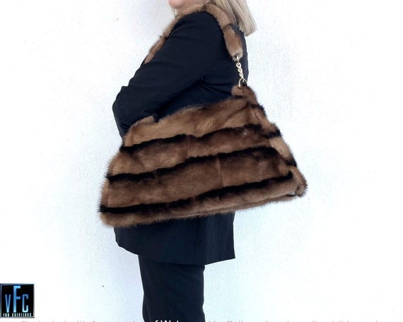 Brown With Black Line Mink Fur Handbag Mink Fur Shoulder Bag 