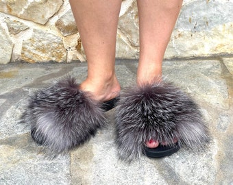 Furry Slides Fur For Slippers Silver Fox Fur Slides, Real Fur Slippers