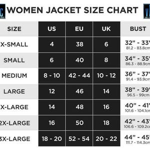 May include: A women's jacket size chart showing UK, EU, and US sizes, with bust measurements in inches and centimeters. Sizes range from X-Small to 3X-Large. The chart includes bust measurements from 81.2cm to 114.3cm.