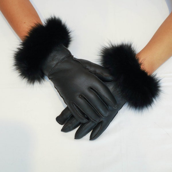 Gants en fourrure noire, vrais gants Mouton avec poignets en fourrure de renard, vrais gants en fourrure, gants en peau de mouton