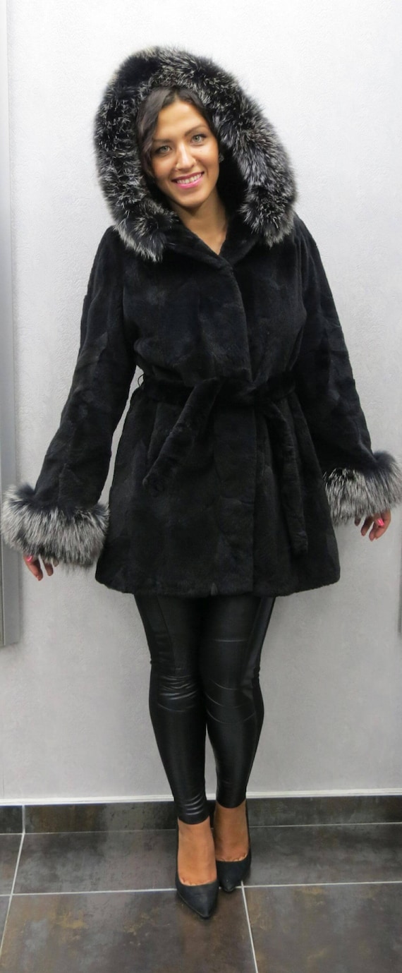 Black Nutria Coat With Snow up Fox Hood Real Nutria Fur Coat Real Fur Coat Etsy Canada